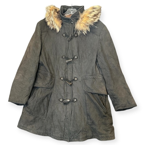 Lone Pine Jackets & Blazers - Lone Pine Leather Duffle Coat Women's M Coyote Fur Hood Toggle USA Made Vintage